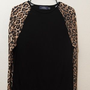 Topman Long Sleeve Black Tee with Leopard Print